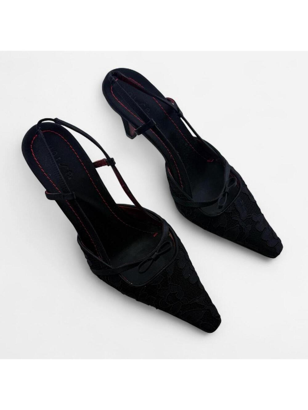 Unisa Black Lace Floral Pointed Kitten Heel Slingbacks